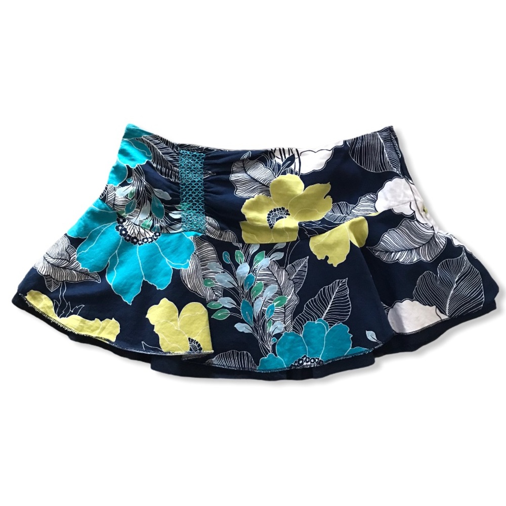 ROXY Y2K Floral Teal Navy Lime Green and White Mini Skirt with Ruffle Bottom